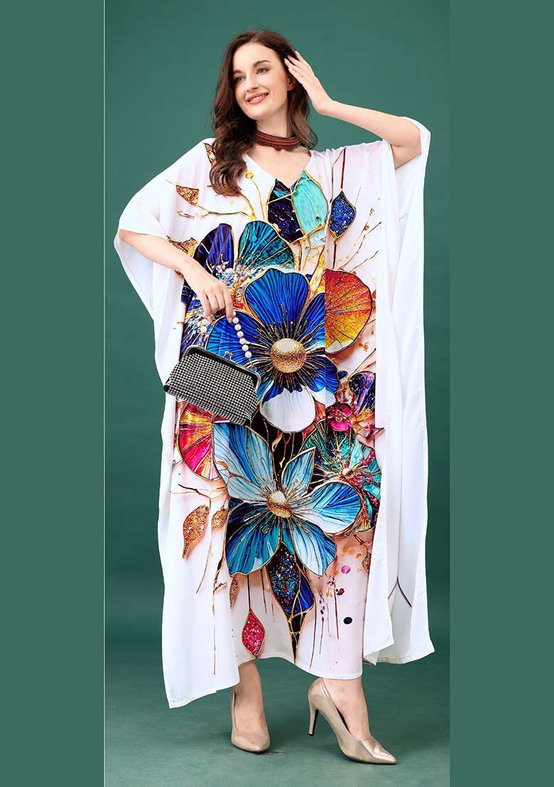 Multicolor Floral Print Silk Blend Kaftan - Indya