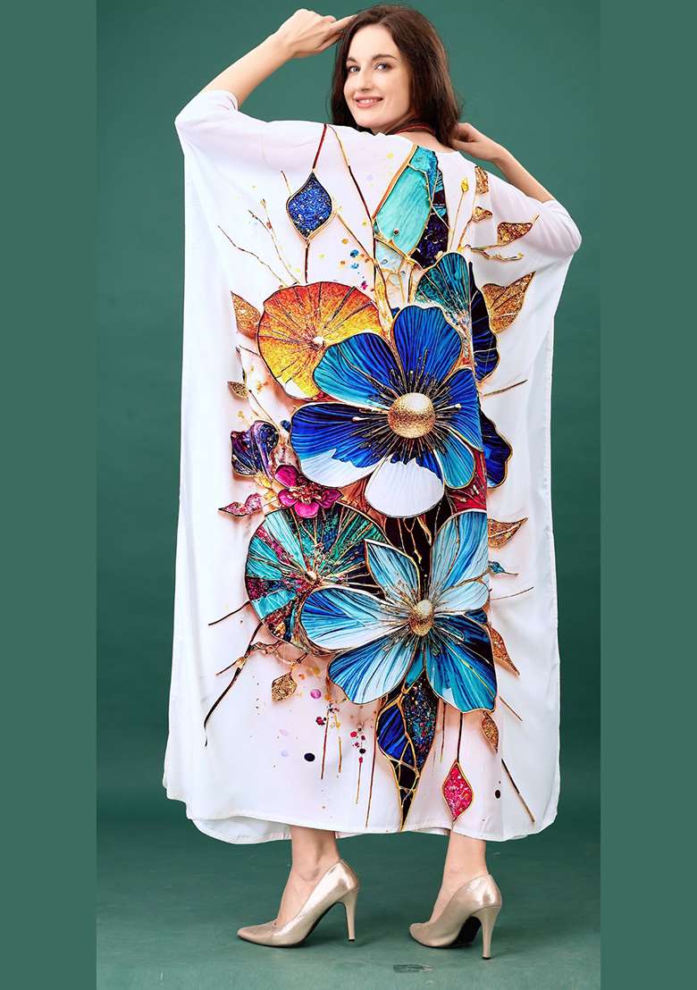 Multicolor Floral Print Silk Blend Kaftan - Indya
