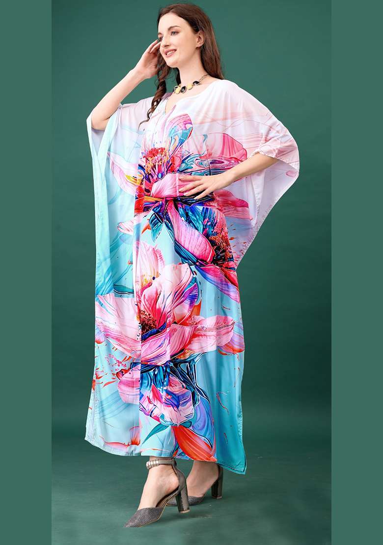 Multicolor Floral Print Silk Blend Kaftan - Indya