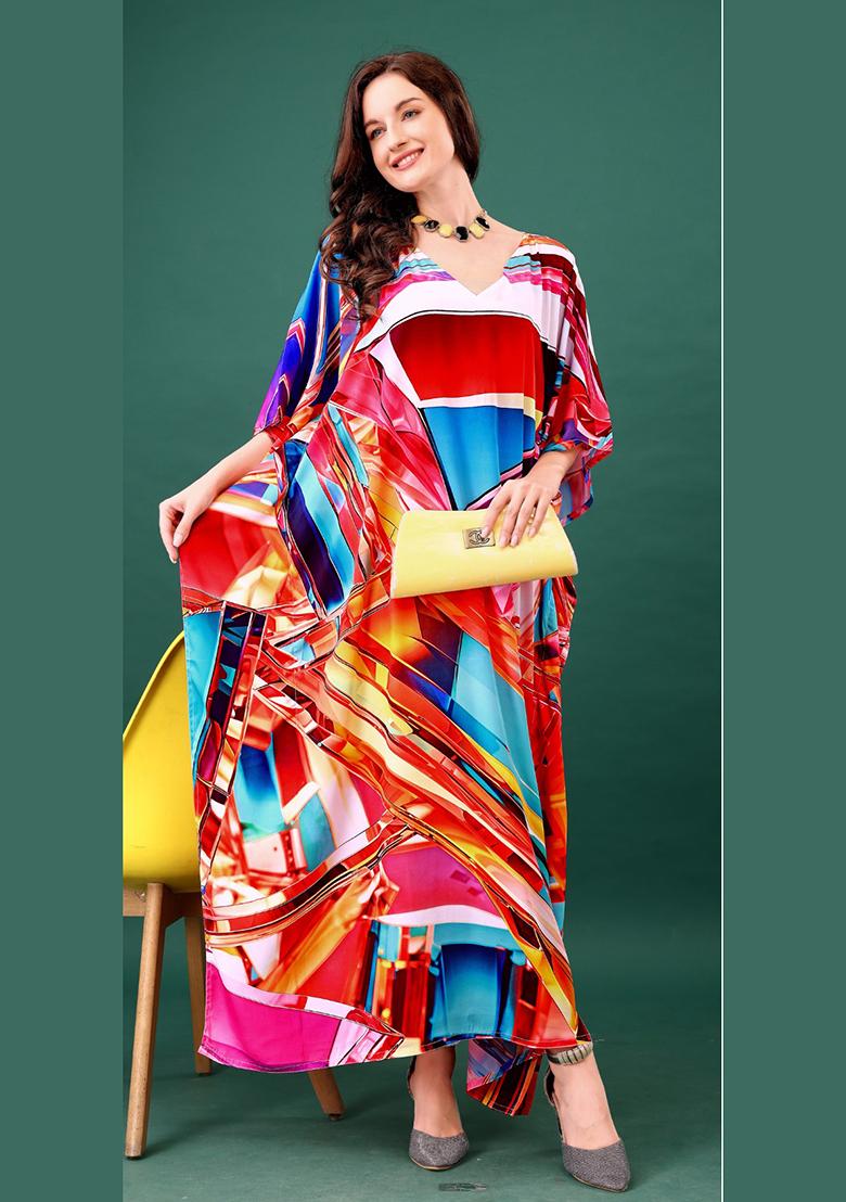 Multicolor Printed Silk Kaftan - Indya