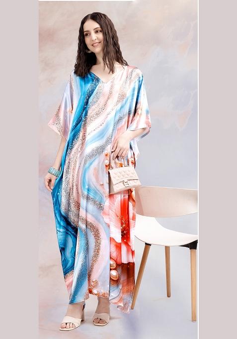 Multicolor Printed Satin Kaftan