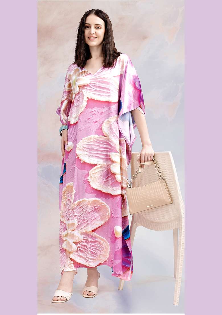 Multicolor Floral Print Satin Kaftan - Indya