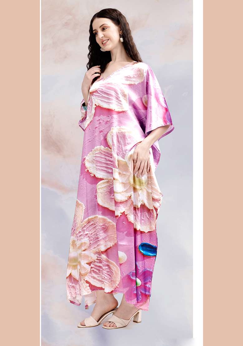 Multicolor Floral Print Satin Kaftan - Indya