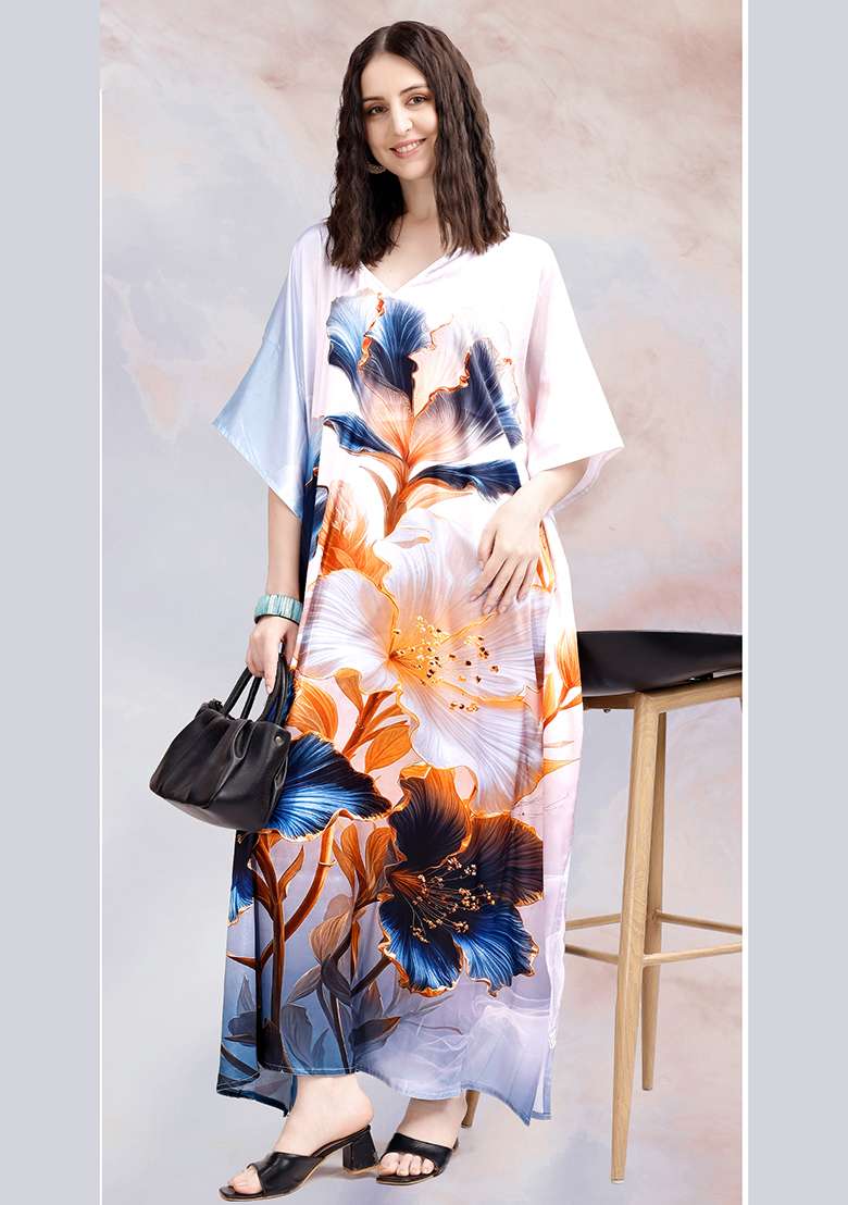 Multicolor Floral Print Satin Kaftan - Indya