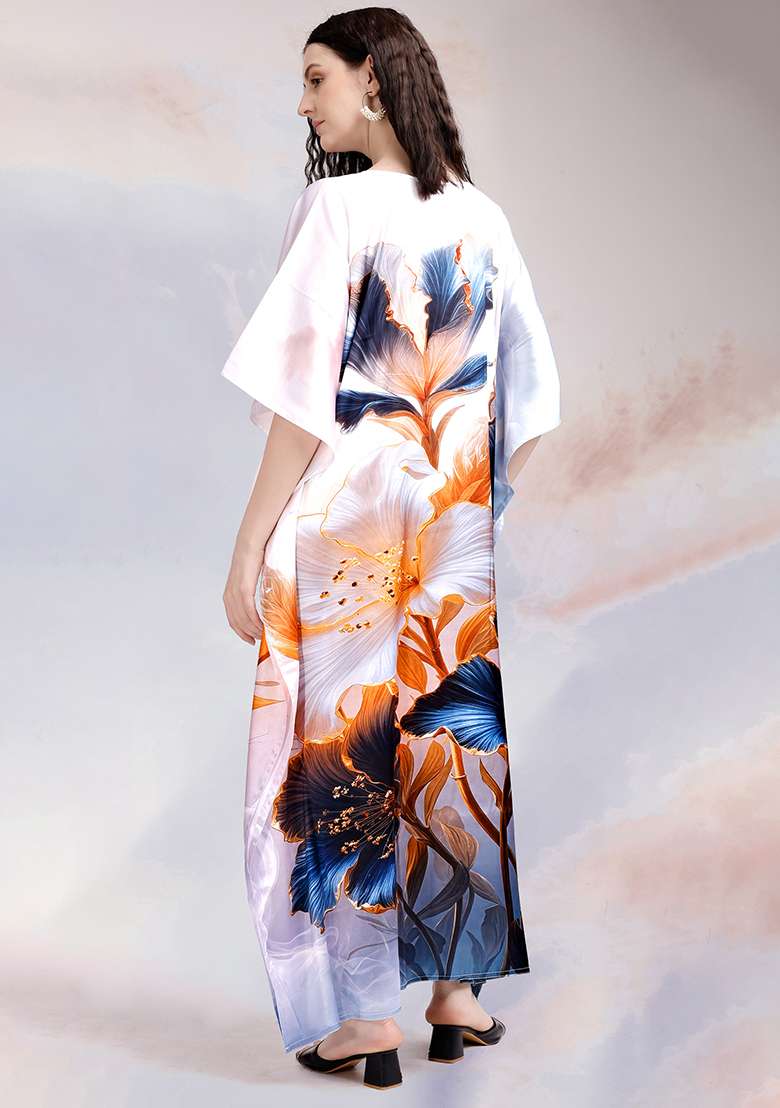 Multicolor Floral Print Satin Kaftan - Indya