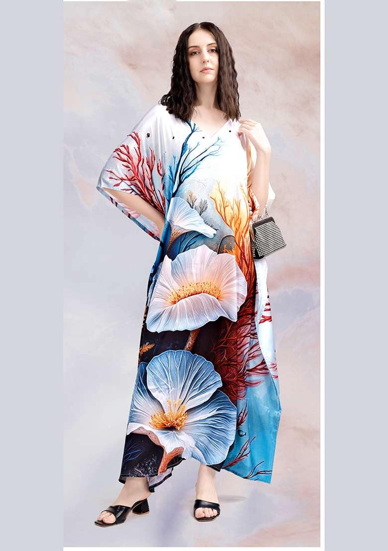 Multicolor Floral Print Satin Kaftan - Indya