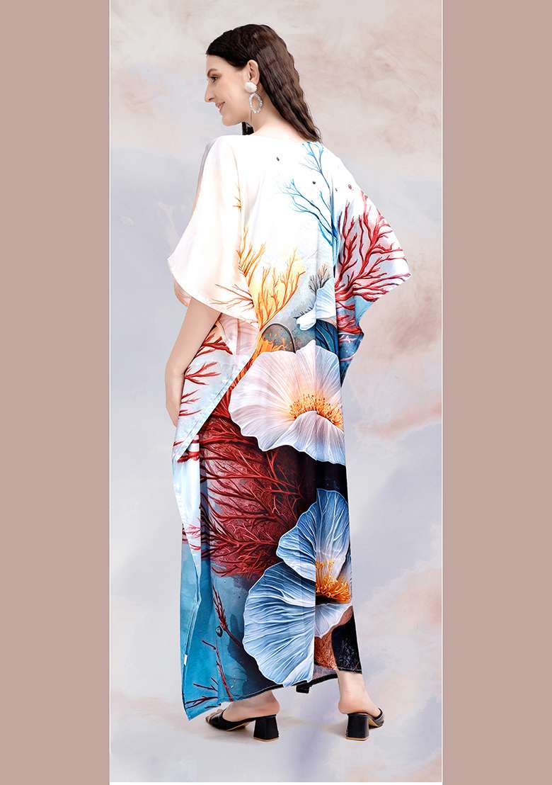 Multicolor Floral Print Satin Kaftan - Indya