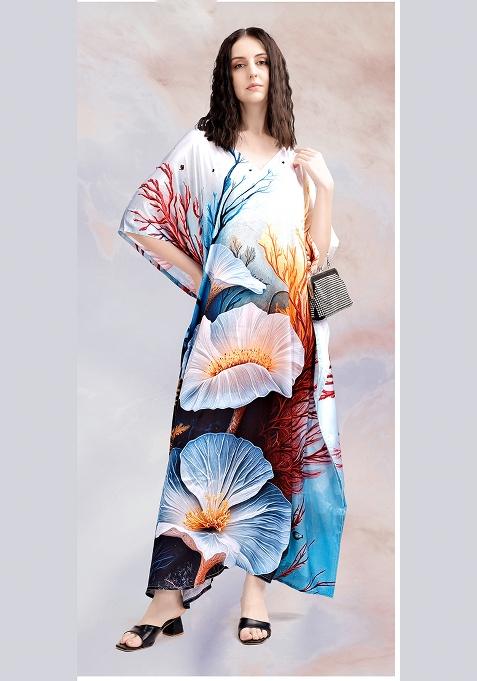 Multicolor Printed Satin Kaftan