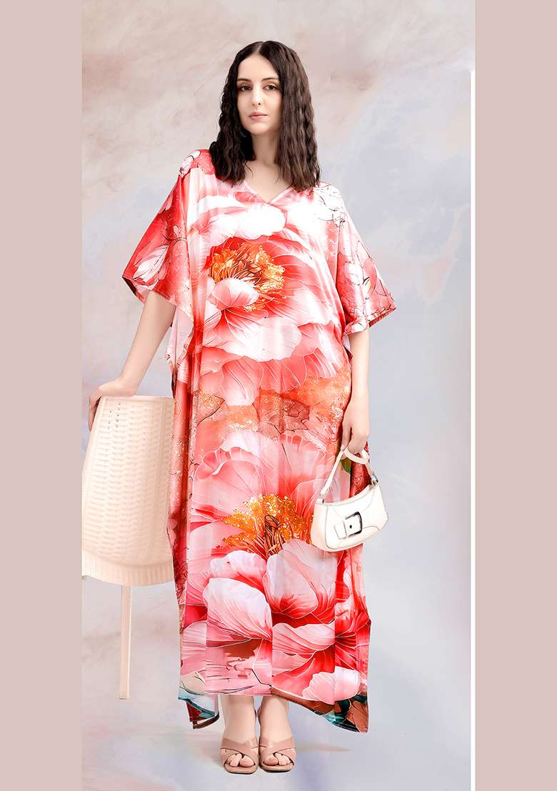 Multicolor Floral Print Satin Kaftan - Indya