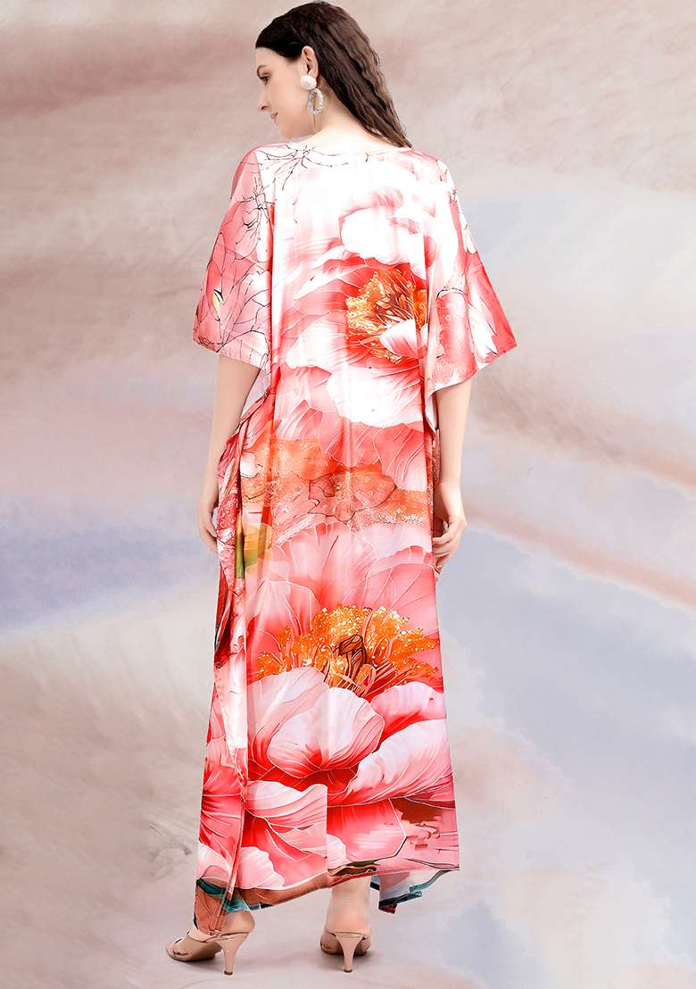 Multicolor Floral Print Satin Kaftan - Indya