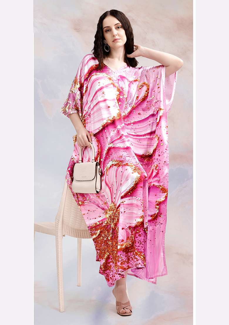 Multicolor Printed Satin Kaftan - Indya