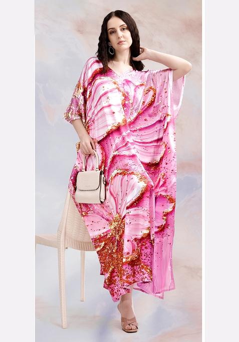 Multicolor Printed Satin Kaftan