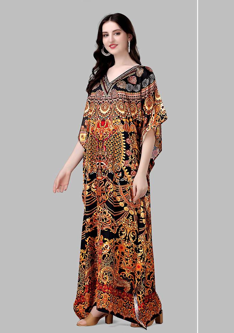 Multicolor Printed Satin Kaftan - Indya