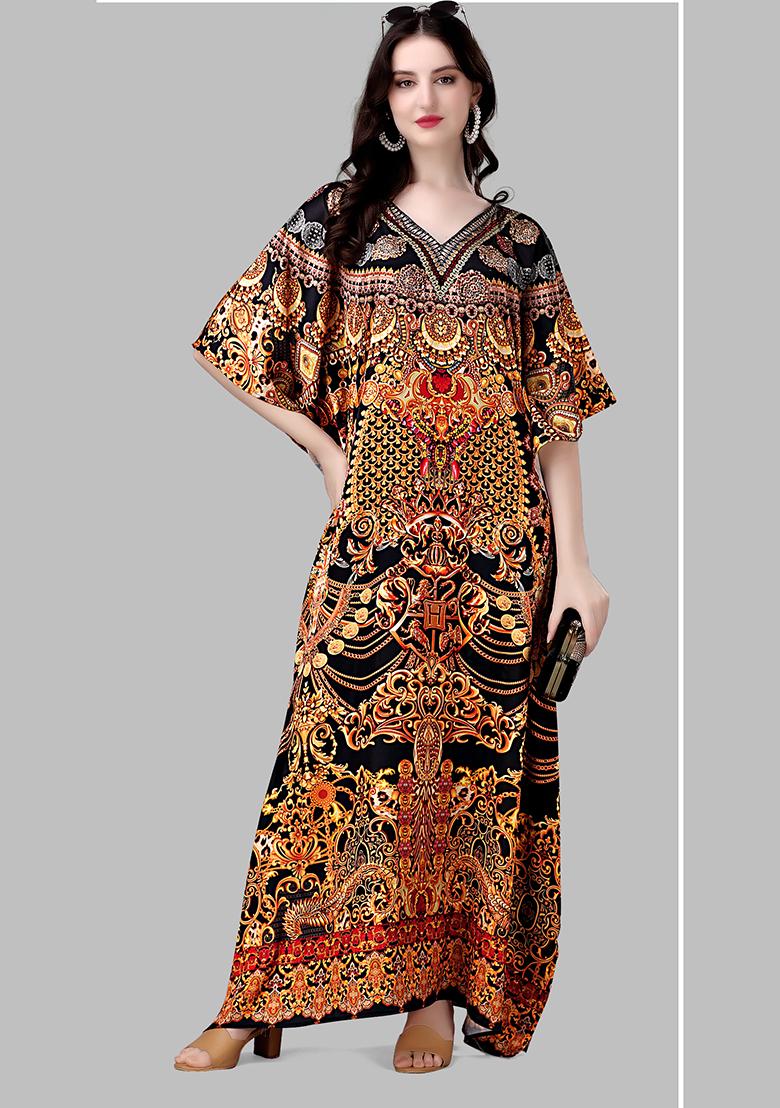 Multicolor Printed Satin Kaftan - Indya