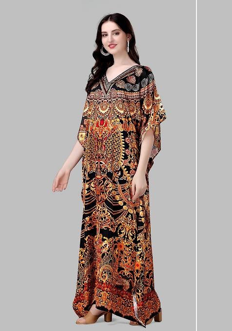 Multicolor Printed Satin Kaftan