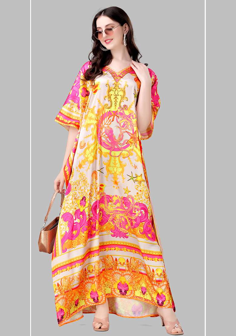 Multicolor Printed Satin Kaftan - Indya