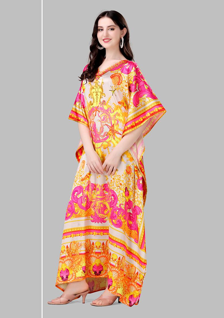 Multicolor Printed Satin Kaftan - Indya