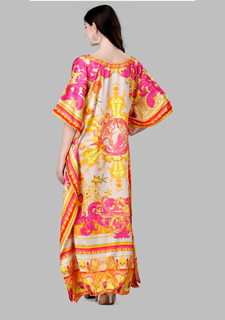 Multicolor Printed Satin Kaftan - Indya