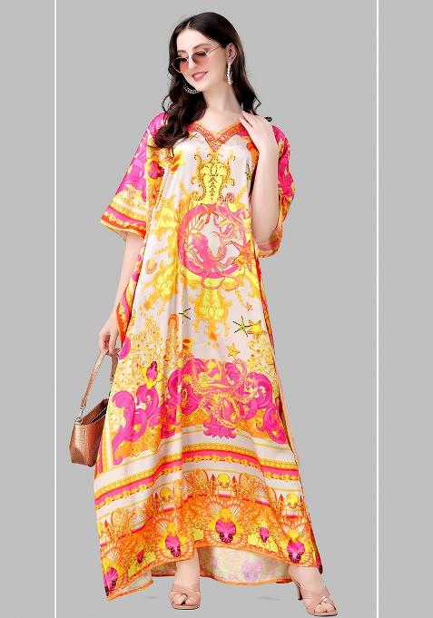 Multicolor Printed Satin Kaftan