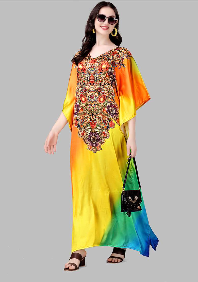 Multicolor Printed Satin Kaftan - Indya