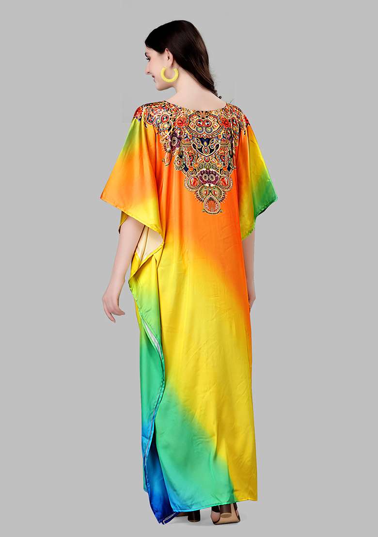 Multicolor Printed Satin Kaftan - Indya