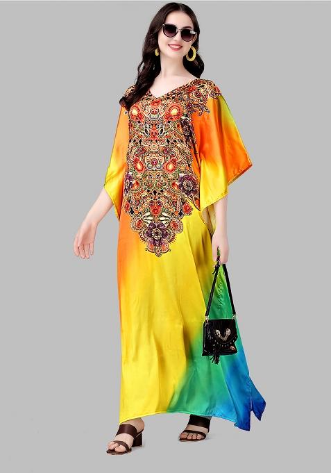 Multicolor Printed Satin Kaftan
