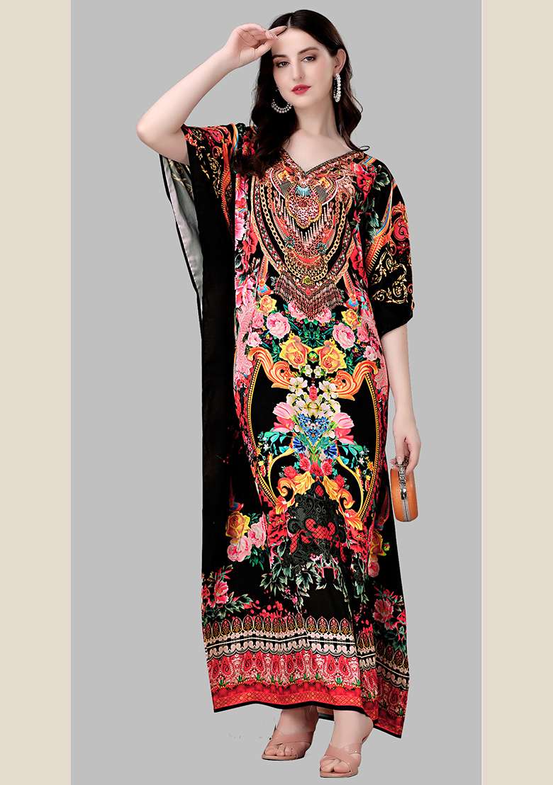Multicolor Printed Satin Kaftan - Indya