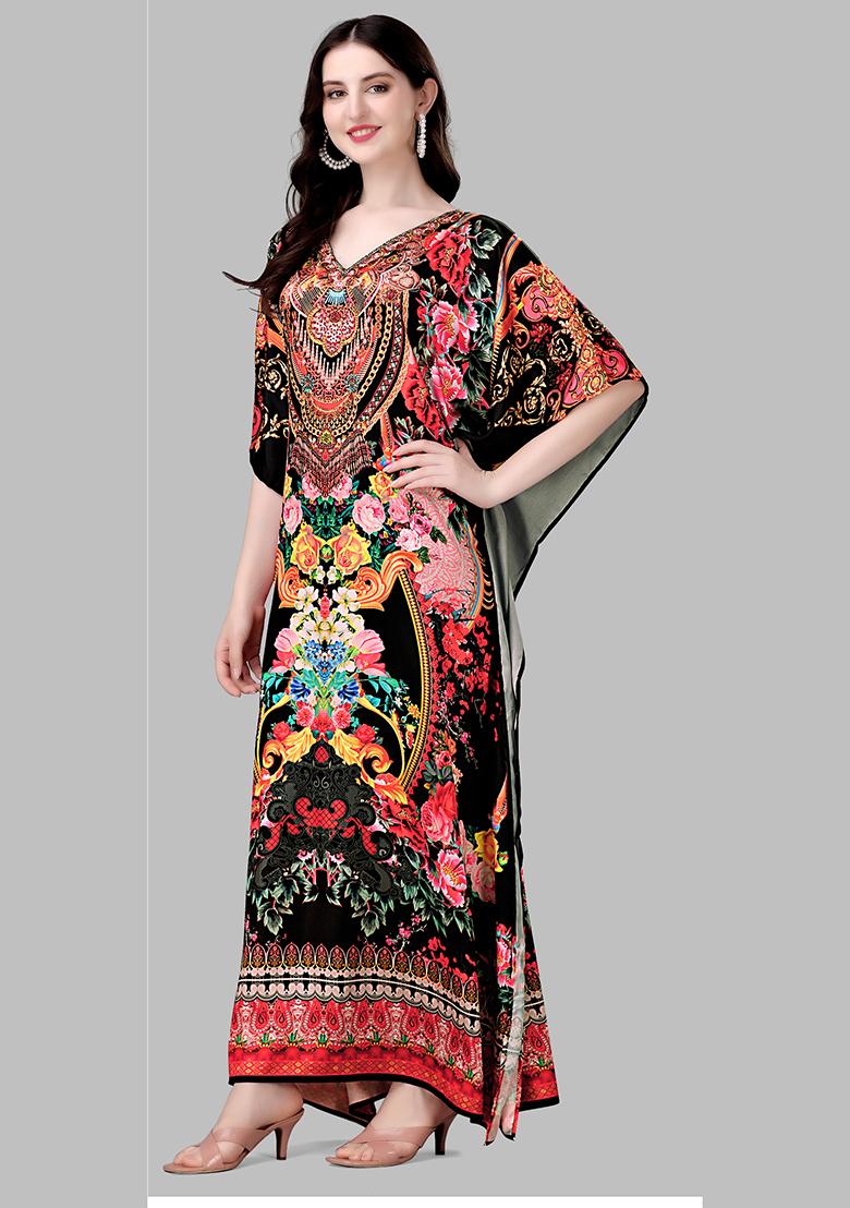 Multicolor Printed Satin Kaftan - Indya