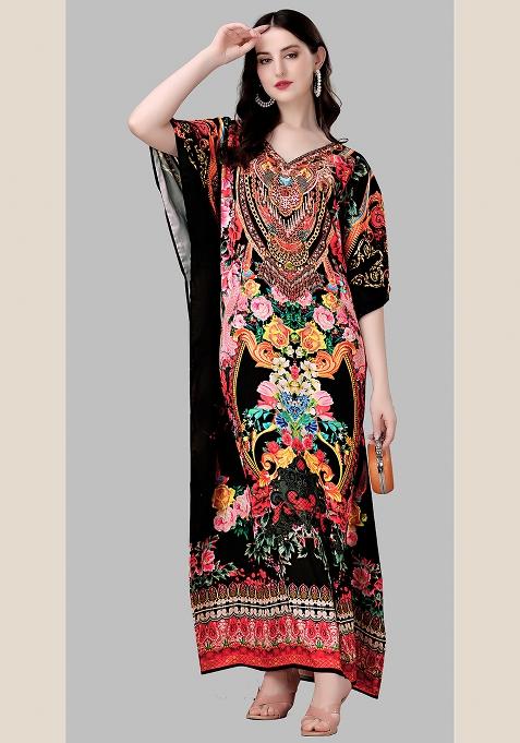 Multicolor Printed Satin Kaftan