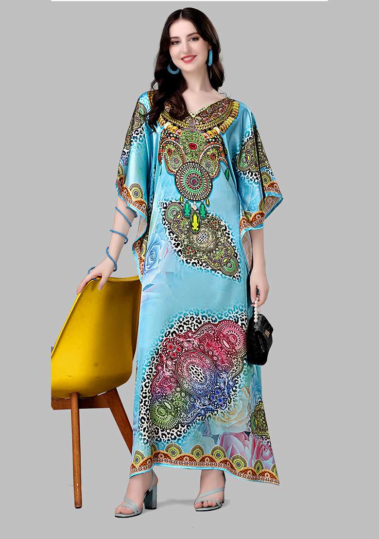 Multicolor Printed Satin Kaftan - Indya