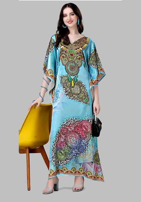 Multicolor Printed Satin Kaftan