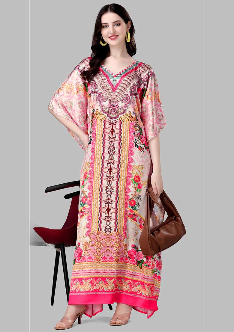 Multicolor Printed Satin Kaftan - Indya