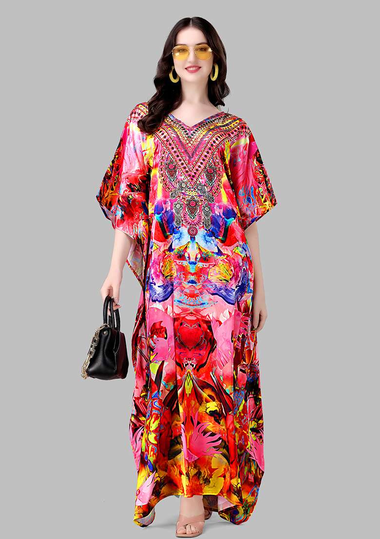 Multicolor Printed Satin Kaftan - Indya