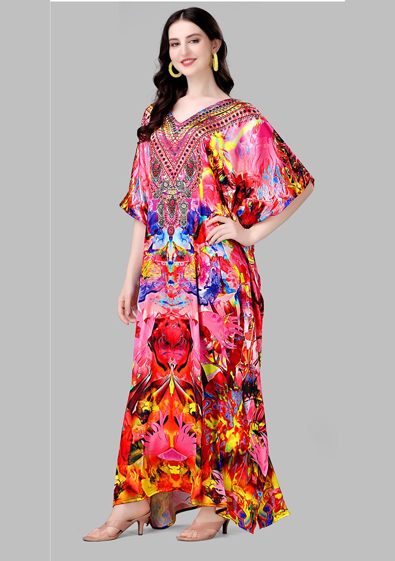 Multicolor Printed Satin Kaftan - Indya