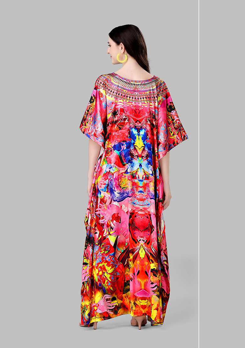 Multicolor Printed Satin Kaftan - Indya