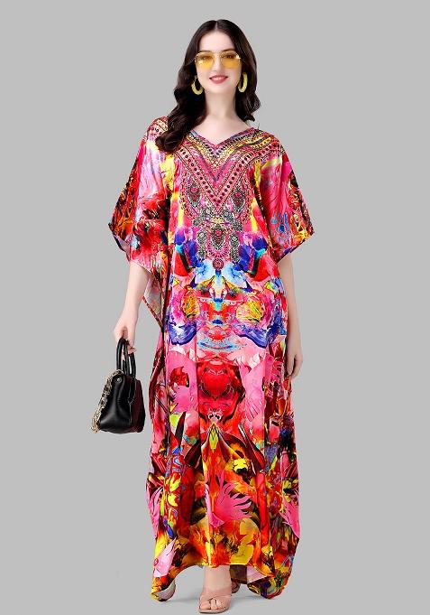 Multicolor Printed Satin Kaftan