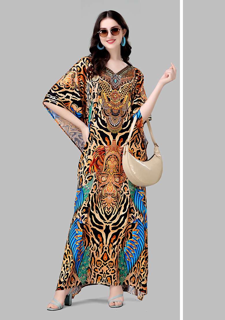 Multicolor Printed Satin Kaftan - Indya