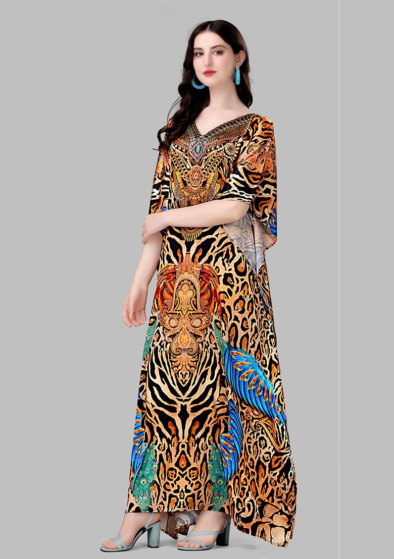 Multicolor Printed Satin Kaftan - Indya