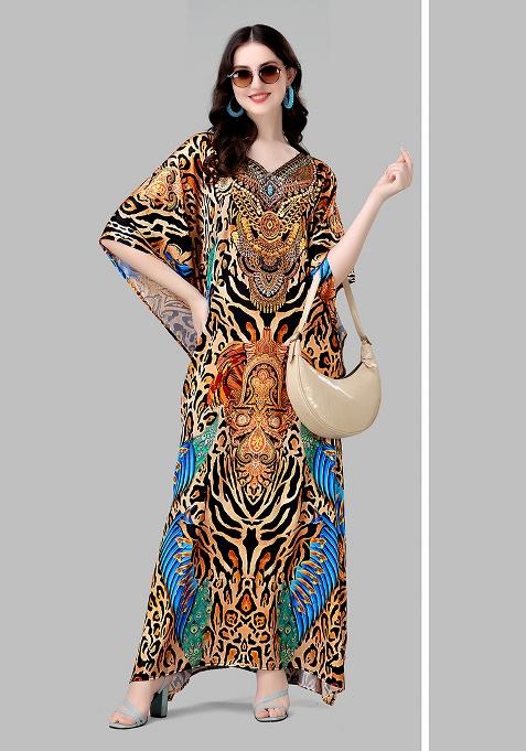 Multicolor Printed Satin Kaftan