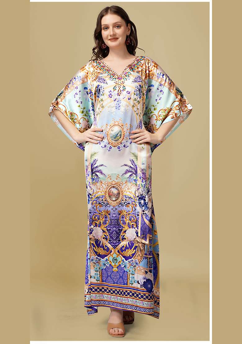 Multicolor Printed Satin Kaftan - Indya