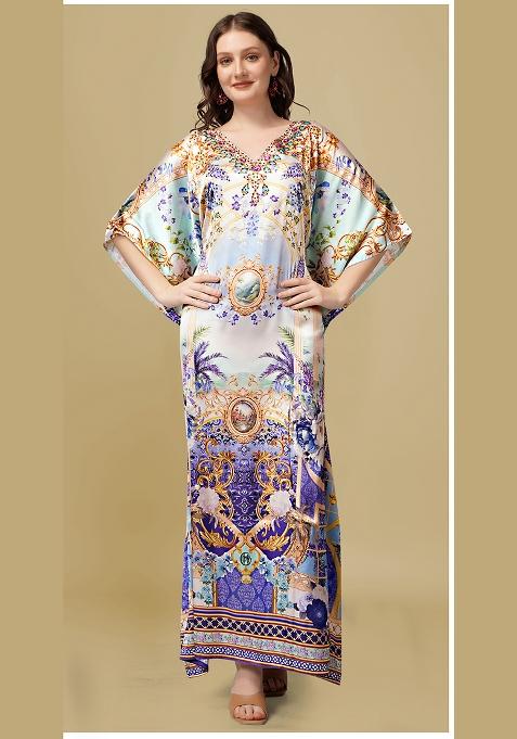 Multicolor Printed Satin Kaftan