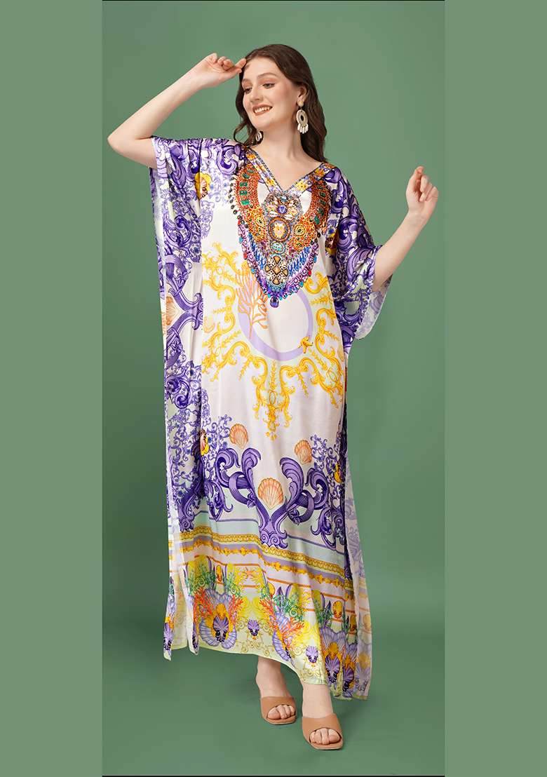 Multicolor Printed Satin Kaftan - Indya