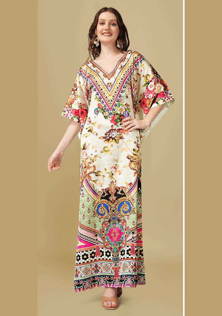 Multicolor Printed Satin Kaftan - Indya