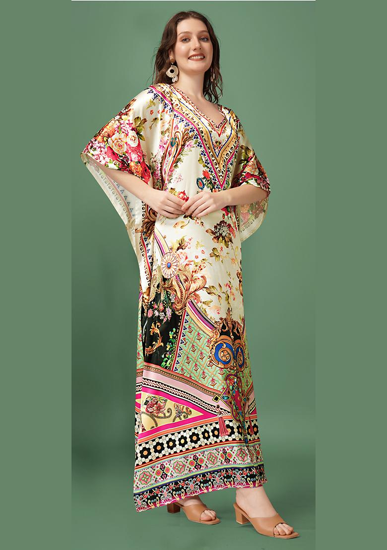 Multicolor Printed Satin Kaftan - Indya