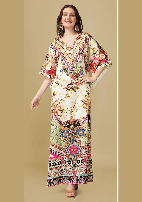 Multicolor Printed Satin Kaftan