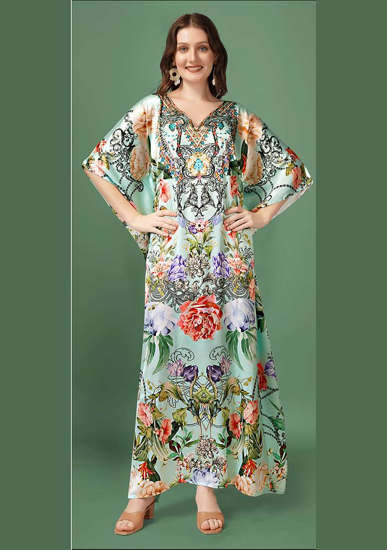 Multicolor Floral Print Satin Kaftan - Indya