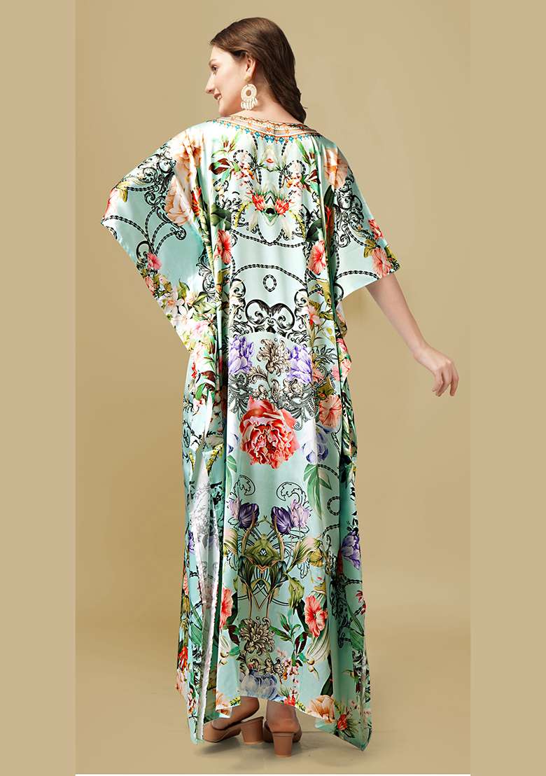 Multicolor Floral Print Satin Kaftan - Indya