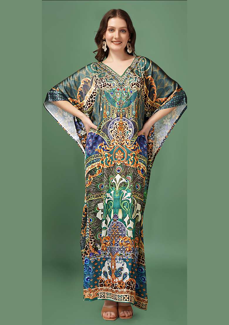 Multicolor Printed Satin Kaftan - Indya