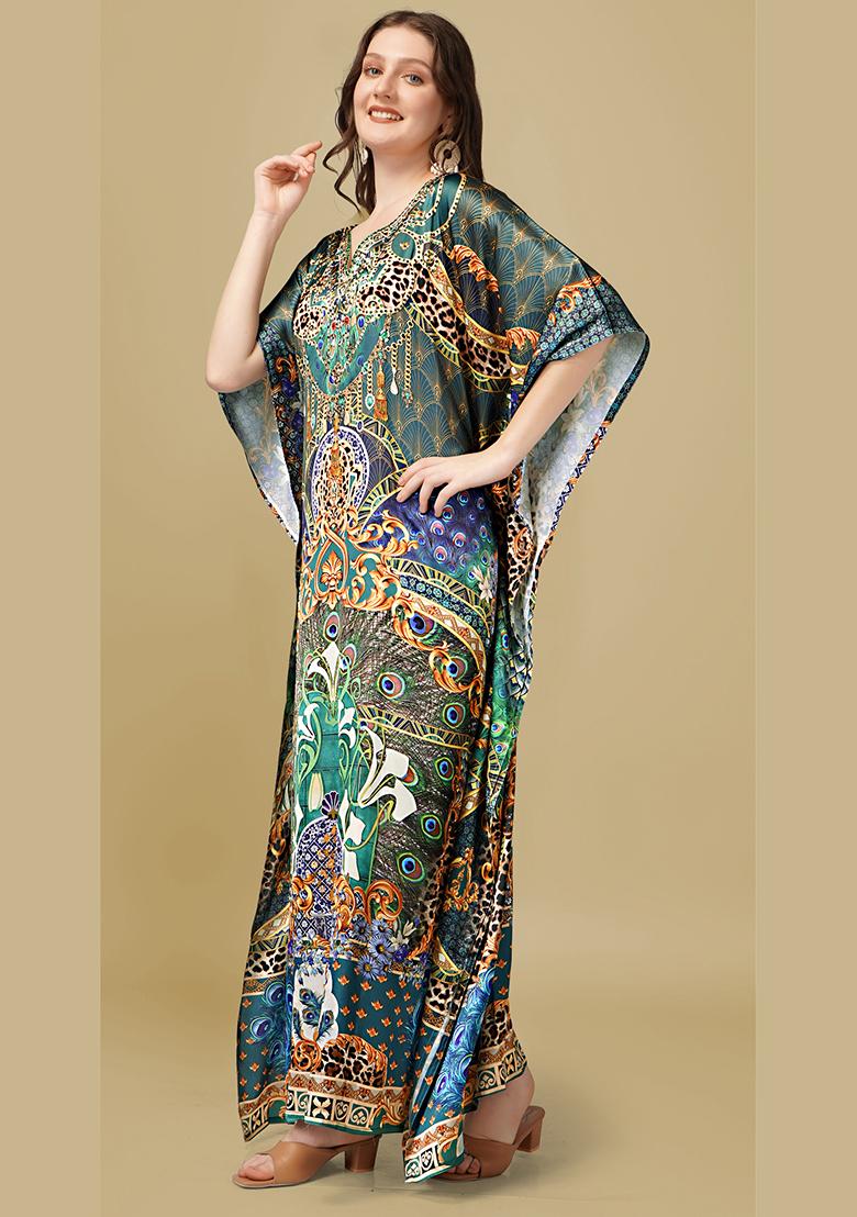 Multicolor Printed Satin Kaftan - Indya