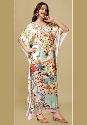 Multicolor Printed Satin Kaftan